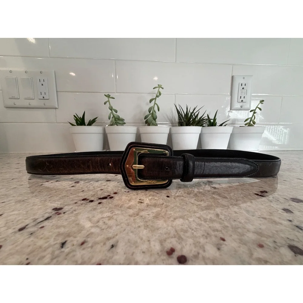 Ralph‎ Lauren Black/Brown Leather Belt Gold Buckle Size L 132 cm